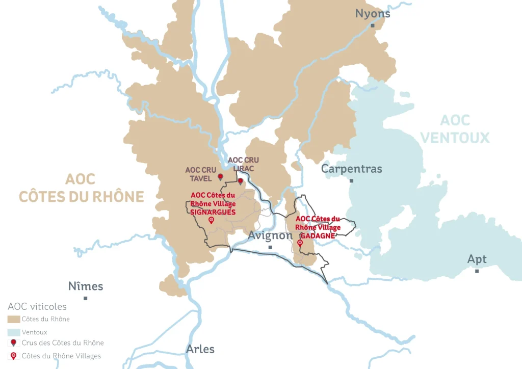 Carte des appellations de vin du Grand Avignon